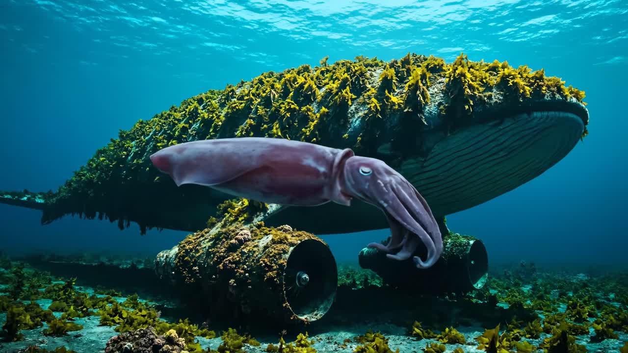 Whale and Squid Encounter at an Airplane Wreck Underwater