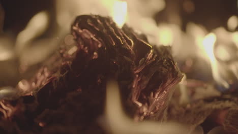 slowmotion shot of a fire and flames burning away a newspaper in a fire pit creating sparks and smoke log
