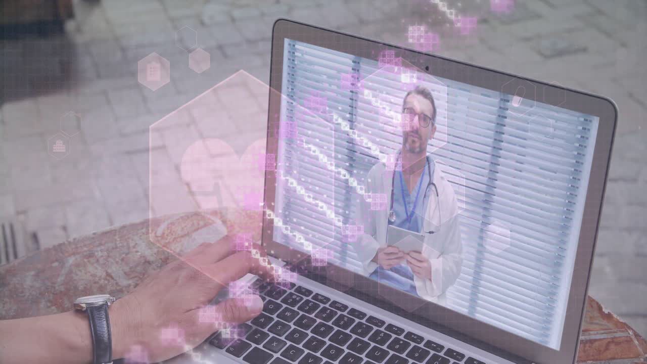 cadena de dna girando sobre médico masculino hablando en la pantalla de la computadora portátil durante una llamada de video