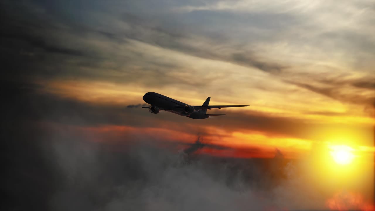 Passenger Airplane High In The Sky. Sunset And Dark Clouds