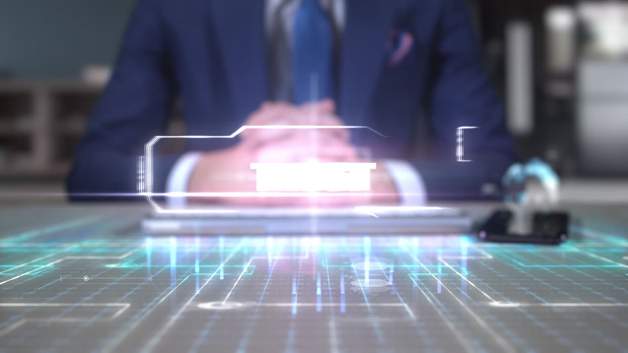 홀로그램 테이블에 쓰여진 사업가 경제 단어- 신뢰