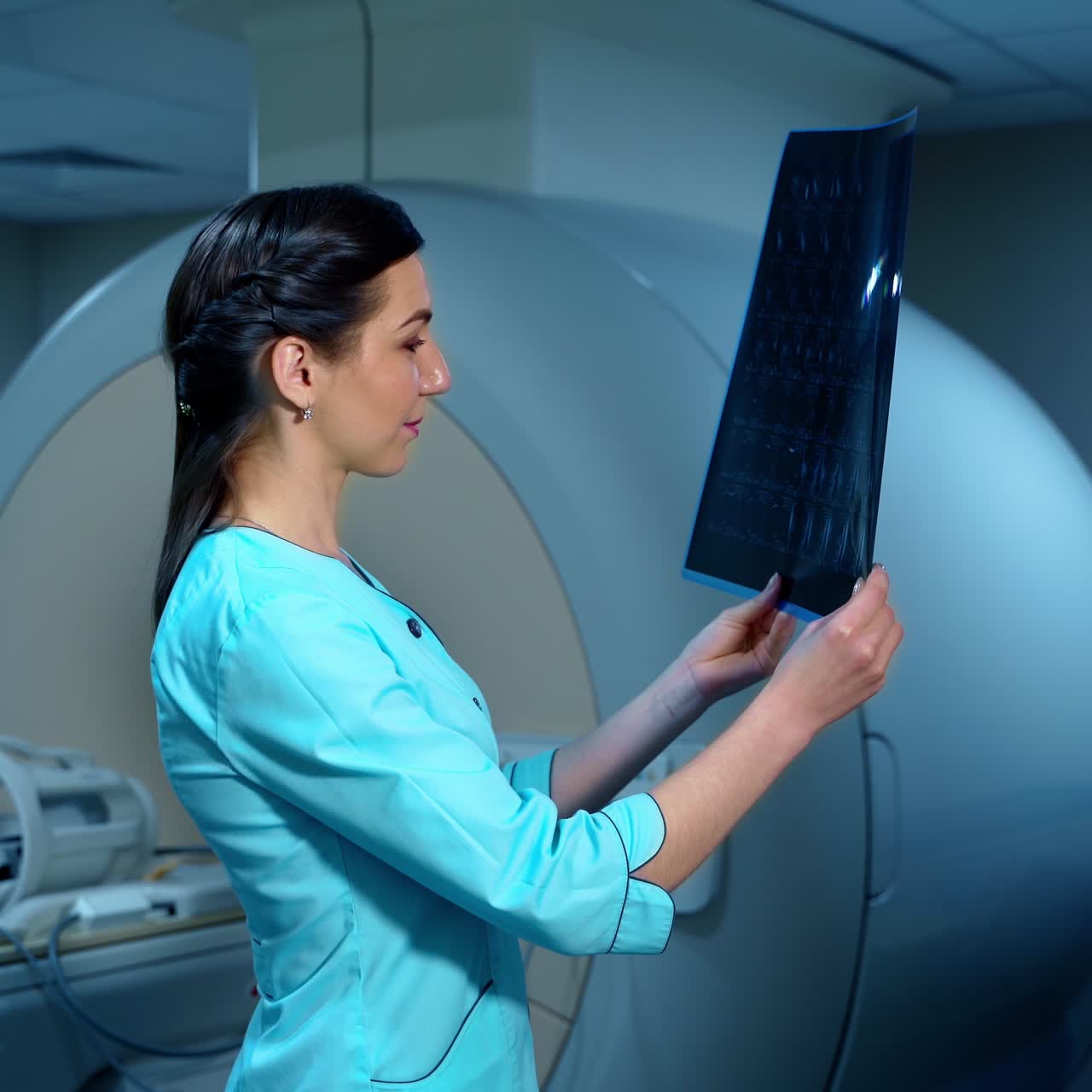 Doctor looks at an x-ray photo of a patient. Female laboratory worker examining x-ray picture on the background of MRI machine.