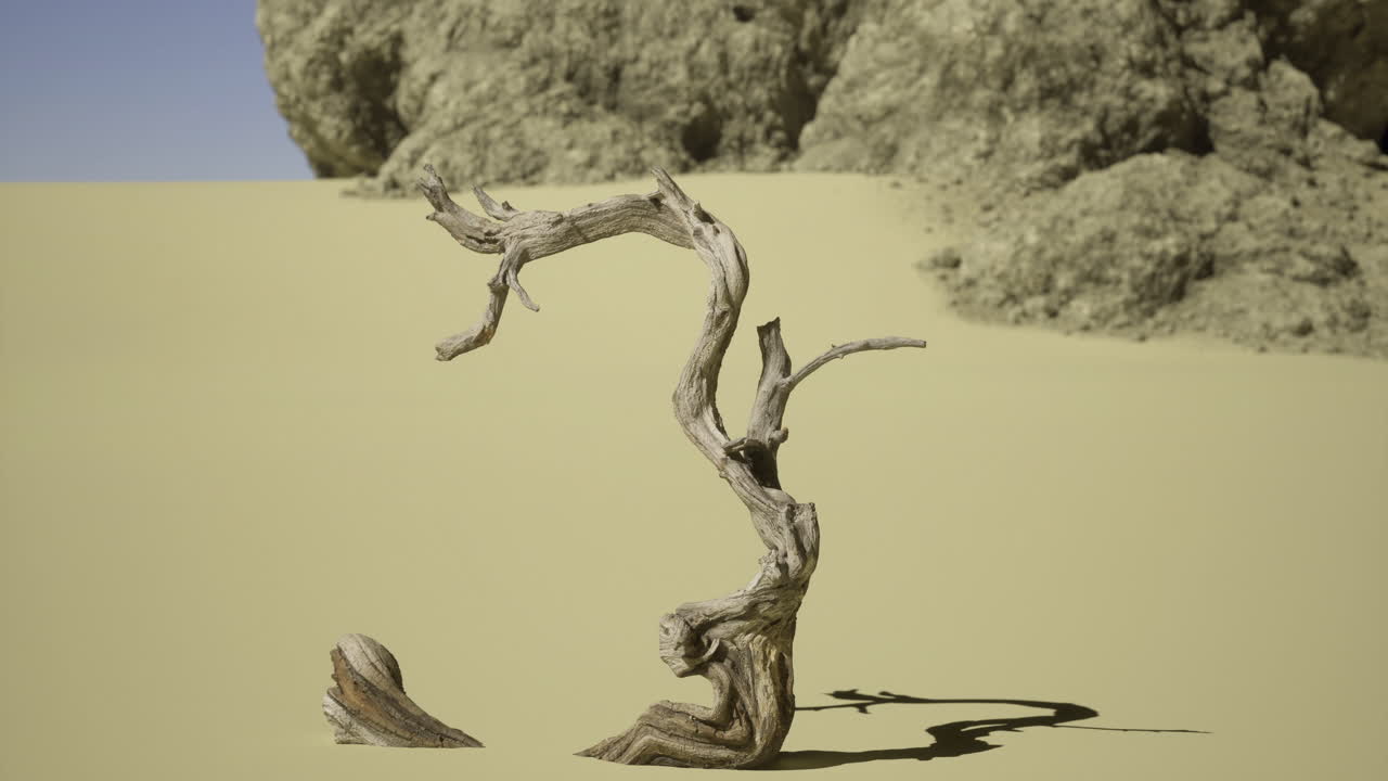Unique twisted branch stands alone in a vast desert landscape under bright sun