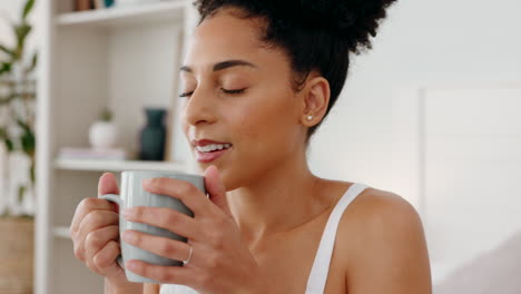 black woman, coffee aroma and thinking of health