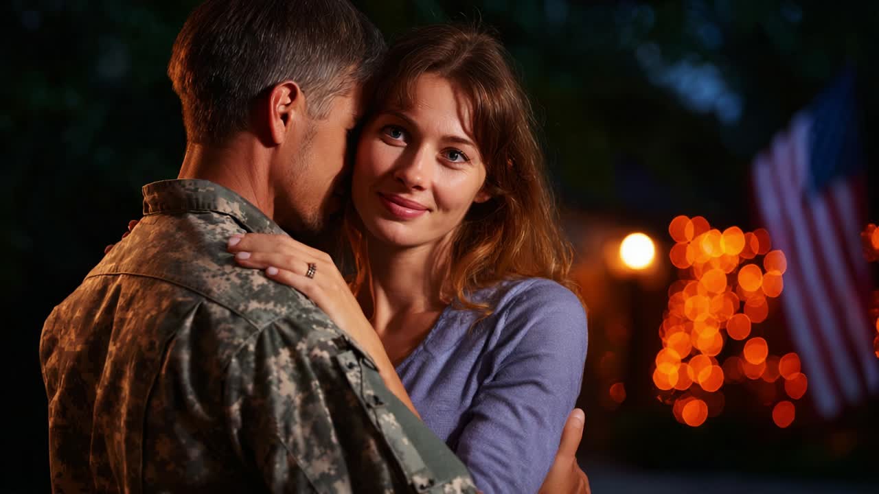 A Tender Moment Between a Soldier and His Loved One: A Heartfelt Reunion Filled with Emotion and Connection Amidst a Beautifully Lit Background, Capturing the Essence of Love and Commitment