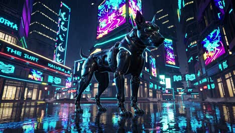 robot dog in a neon cyberpunk city