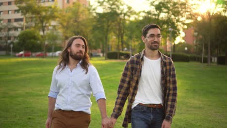 two men walking hand in hand in a sunny park