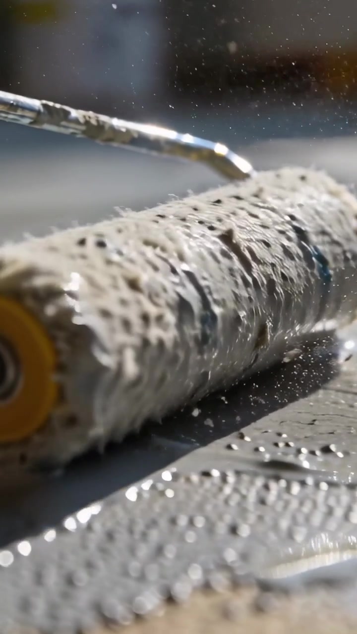 Video verticale: Rullo per piscina che stende uno strato grigio su un pavimento in ristrutturazione, rilasciando fibre.
