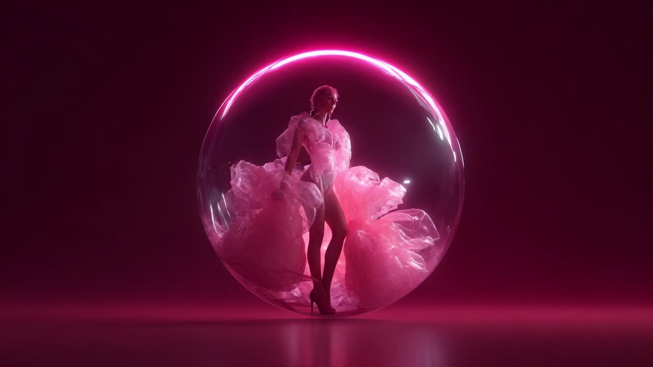 A fashion-forward figure elegantly steps within a translucent bubble, showcasing a vibrant, voluminous pink gown illuminated by surrounding neon lights, set against a captivating dark backdrop
