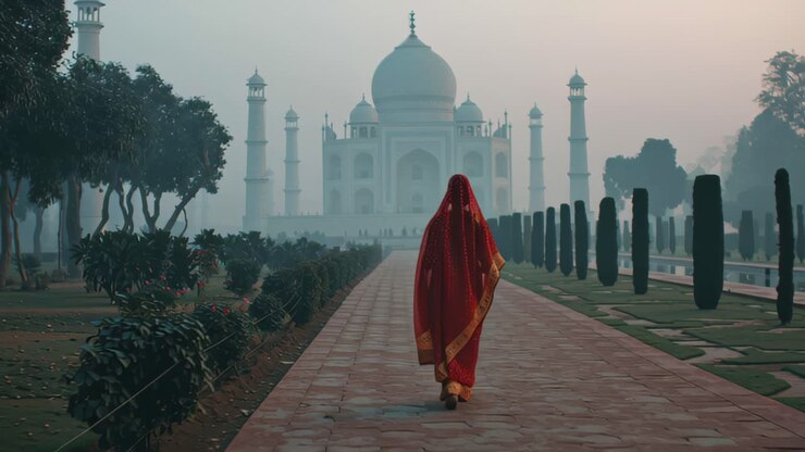 Images de voyage cinématographiques d'une femme en sari rouge traditionnel marchant sur l'allée du jardin vers le Taj Mahal à l'aube, avec une douce brume matinale et de la symétrie