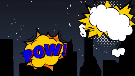 animación de burbujas de habla retro volando sobre el paisaje urbano por la noche