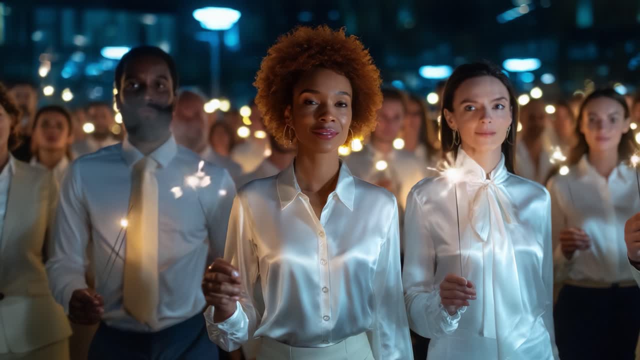 A Celebration of Unity and Hope: Individuals Holding Sparklers in a Festive Night Gathering, Illuminated by City Lights, Showcasing Joy and Togetherness in a Magical Atmosphere