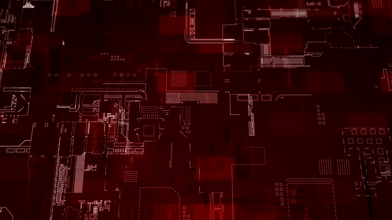 전자 회로 보드의 빨간색 다이어그램, 루프 된 배경