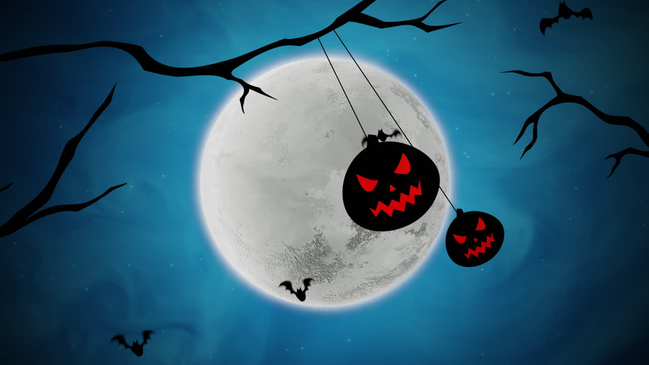 animación de fondo de halloween con murciélagos y calabazas en los árboles 1