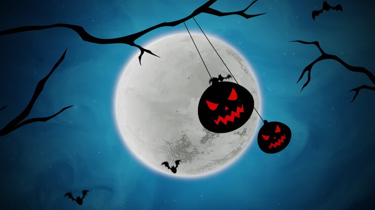 Halloween background animation with bats and pumpkins on trees 1