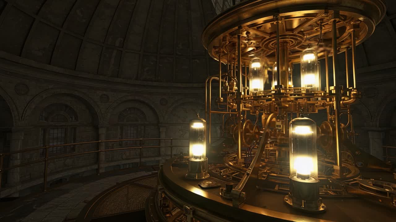 An Intricate Steampunk Mechanism Illuminates an Antique Observatory, Showcasing Gleaming Brass and Glass Structures Amidst a Rustic Atmosphere