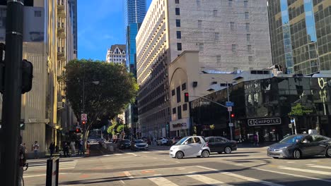 daytime city street scene with urban buildings and traffic