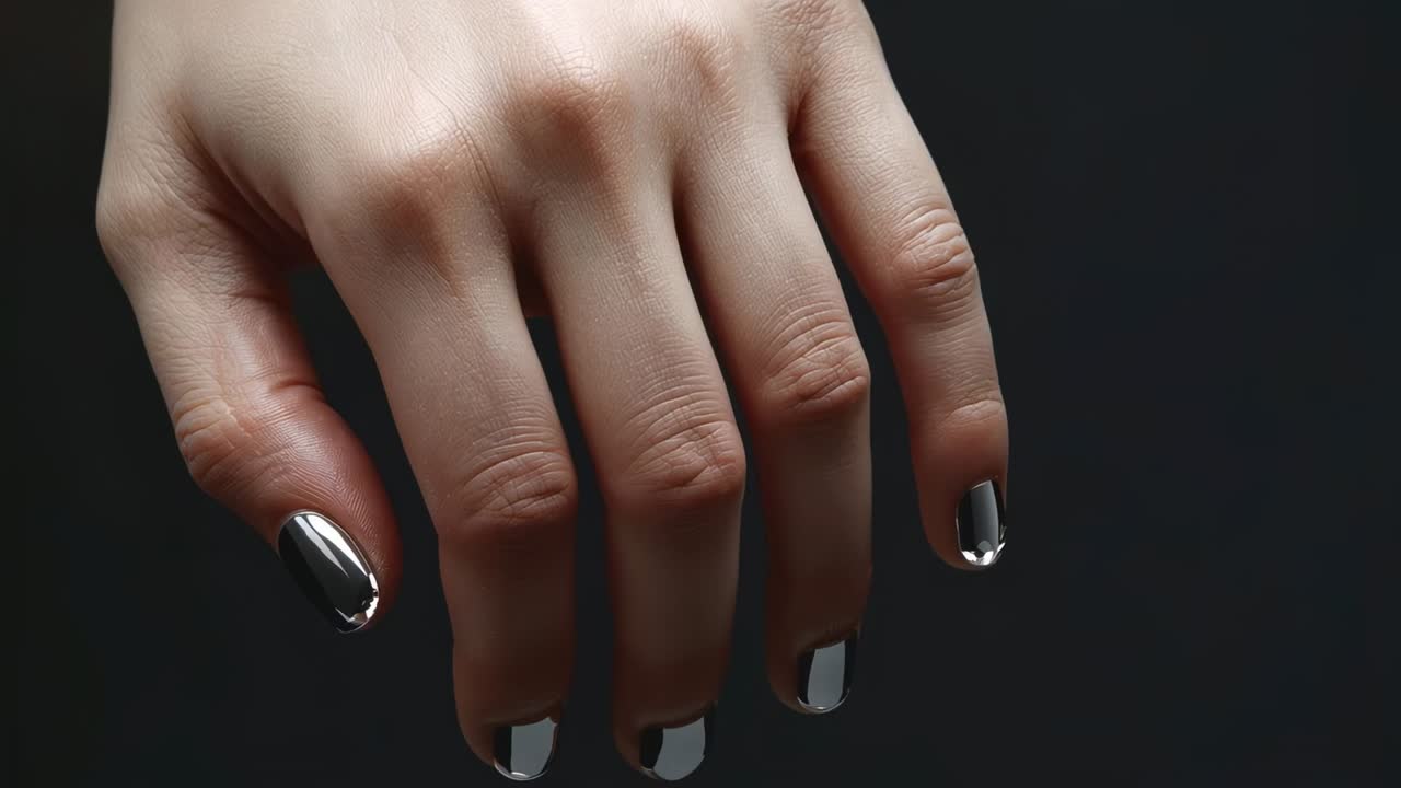 Mano femminile che scende e ruota in studio per mostrare unghie cromate che catturano la luce