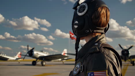 mujer piloto con equipo de vuelo vintage