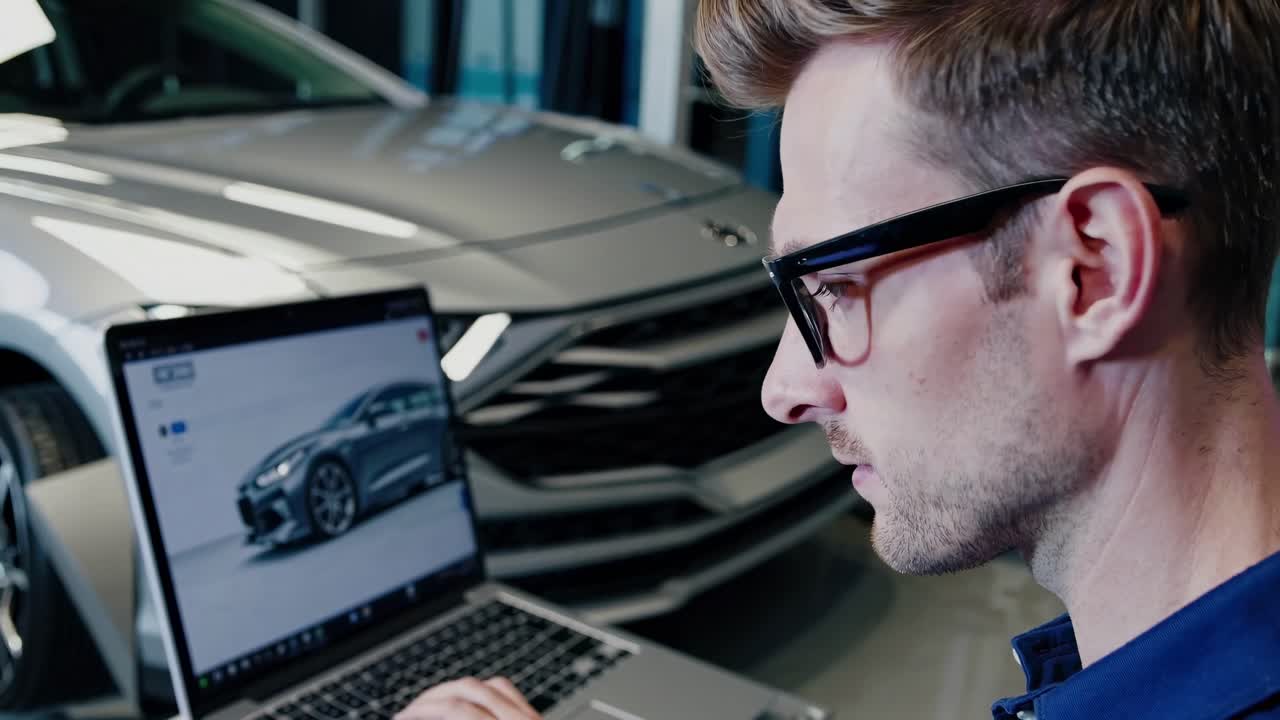 Close-up, side angle of a man with glasses using a laptop near a car, suggesting a tech-focused