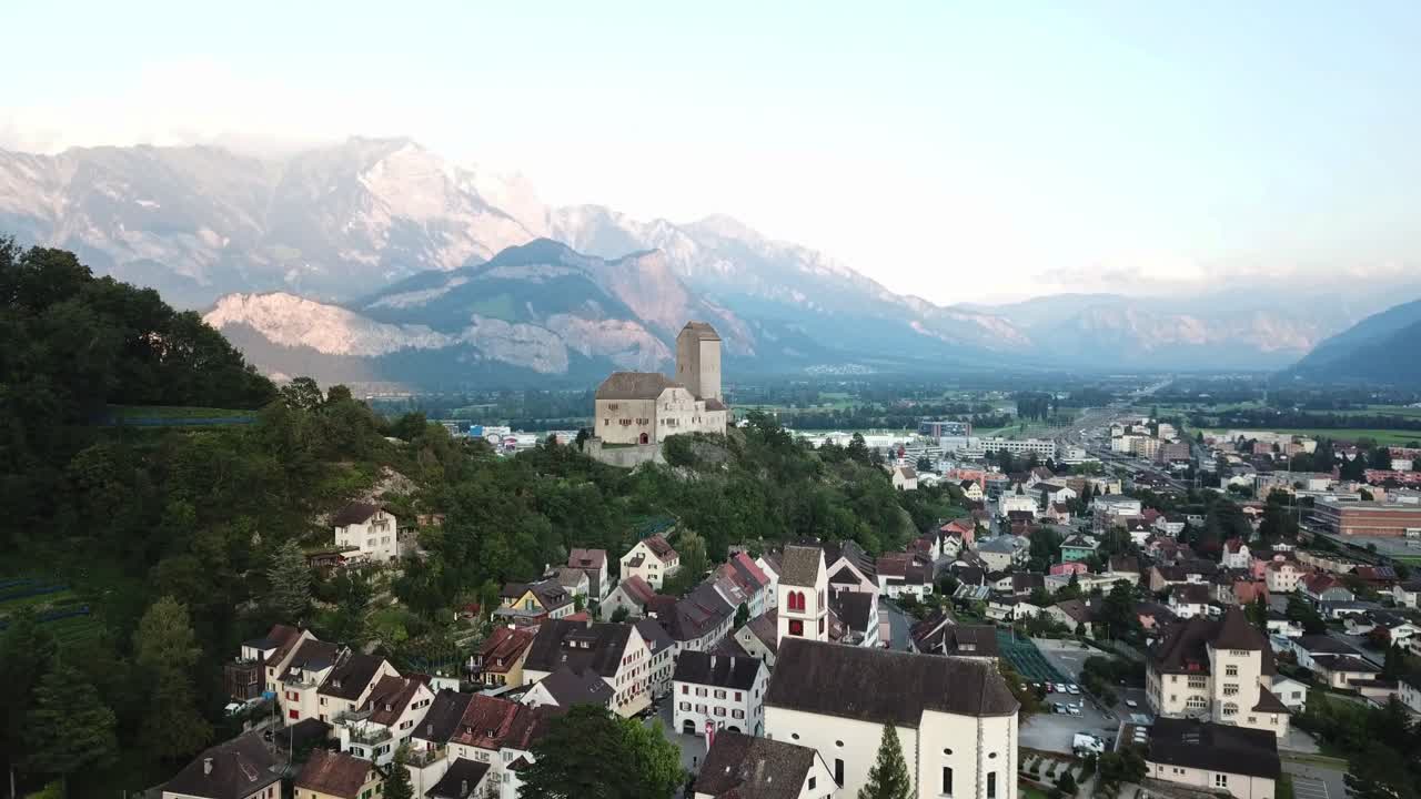 Aerial View of a Castle in the Swiss Alps
