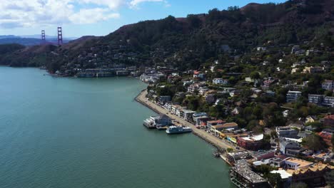 boat port marina of sausalito city near bay area of northern california, aerial drone