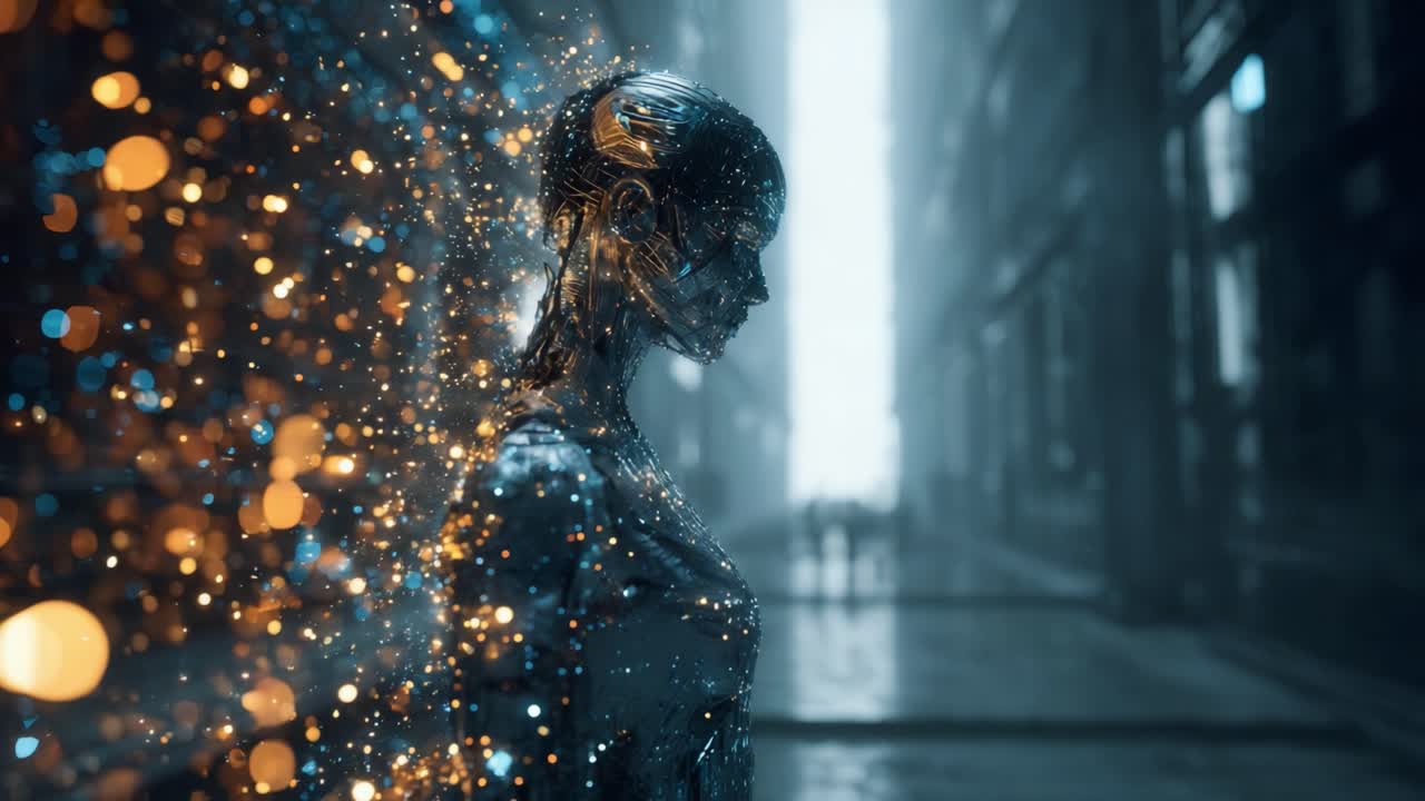 A Surreal Journey Through a Cybernetic Landscape: The Unveiling of an Enigmatic Figure Amidst Shimmering Lights and Digital Particles in a Futuristic Setting