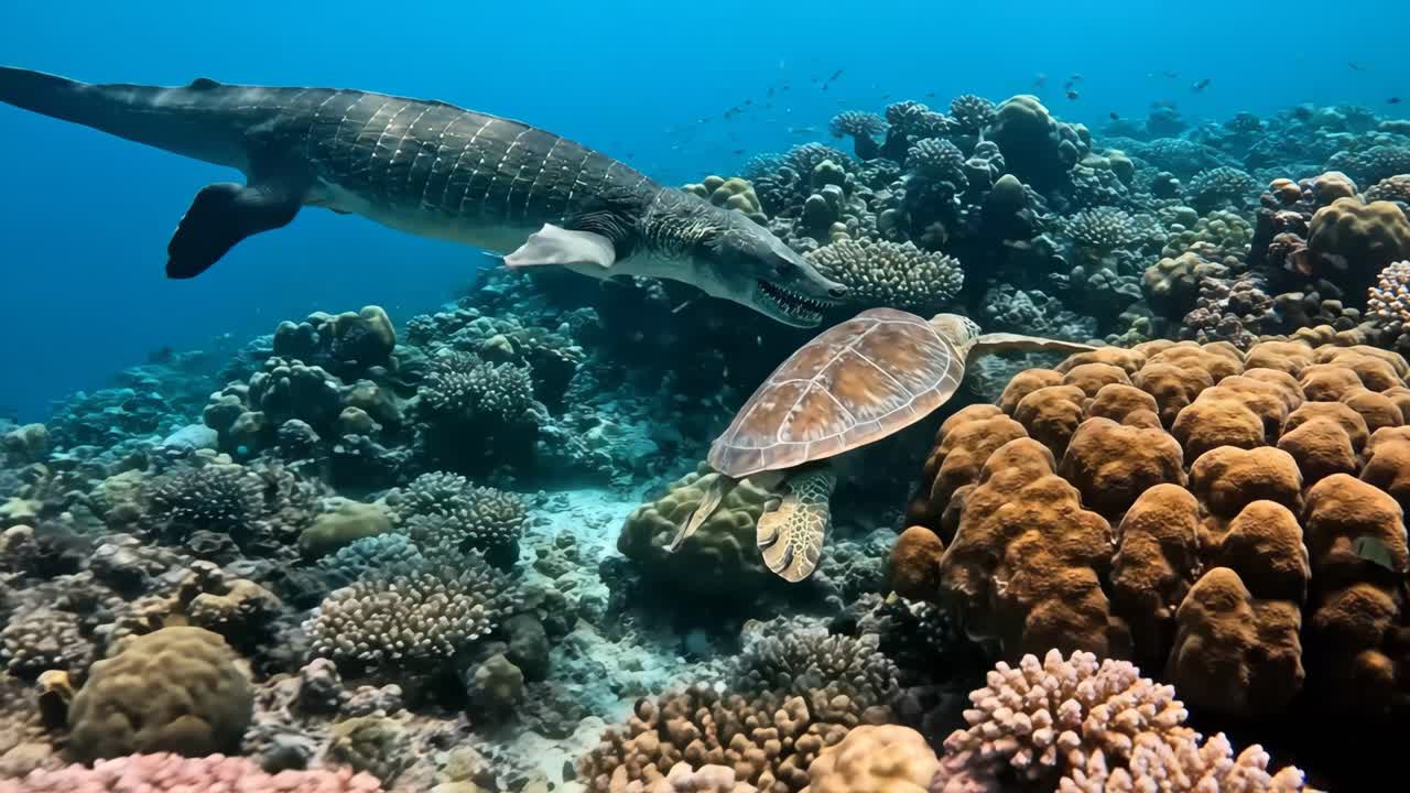 Scena subacquea con tartaruga marina e mosasauro