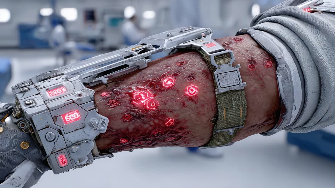 Revolutionary Cybernetic Arm Showing Advanced Technology and Wounds, Blending Medical Innovation with Futuristic Design in a Sterile Environment