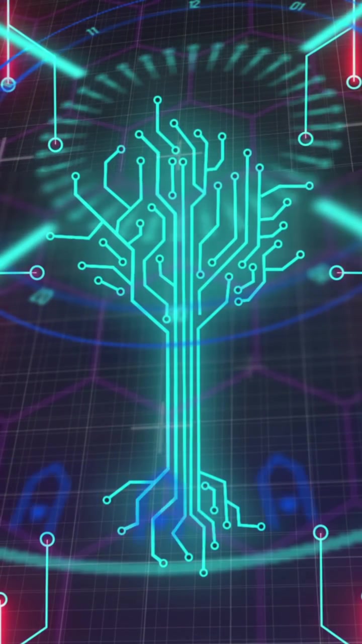 Animation of digital screen and integrated circuit in black digital space