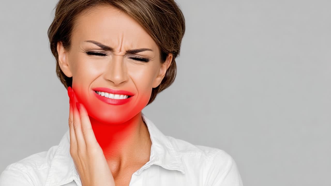 Donna che prova forte dolore e disagio alla mascella, illustrando sintomi di problemi dentali con espressioni visibili di sofferenza e infiammazione.