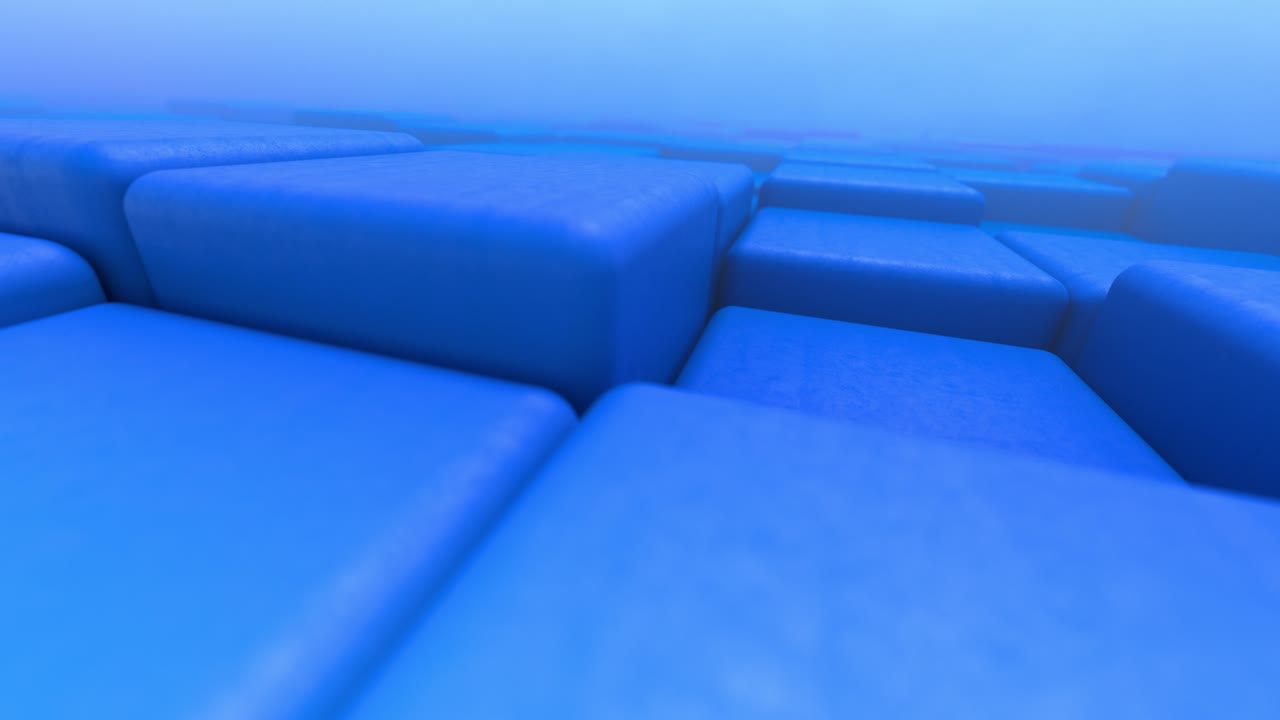 3d 추상 큐브, 기하학 모자이크 파동 패턴, 파란 블록을 사용하여 언덕 풍경의 건설, 4k의 3d 애니메이션 루프