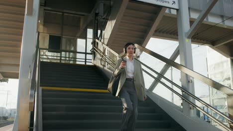 mujer de negocios tomando las escaleras en una estación de tren