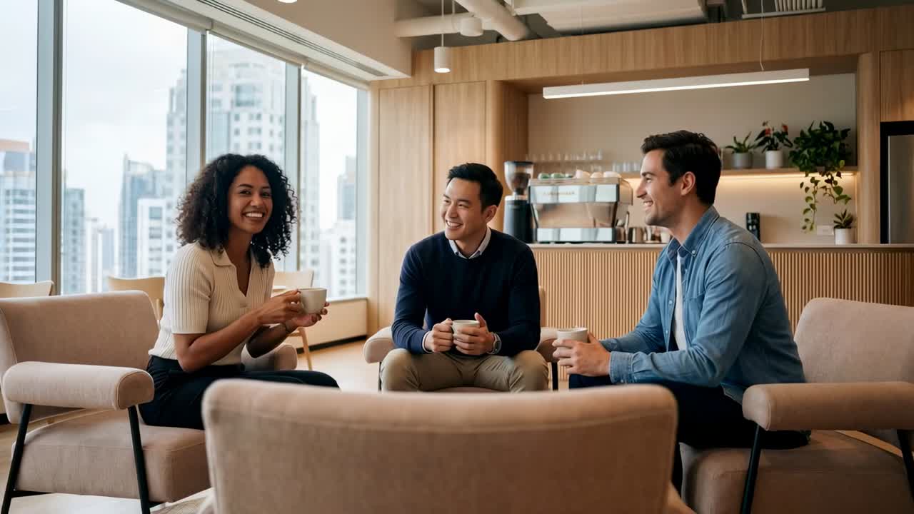 Speaking woman on left initiating break chat with two coworkers in office, holding mugs in bizwear