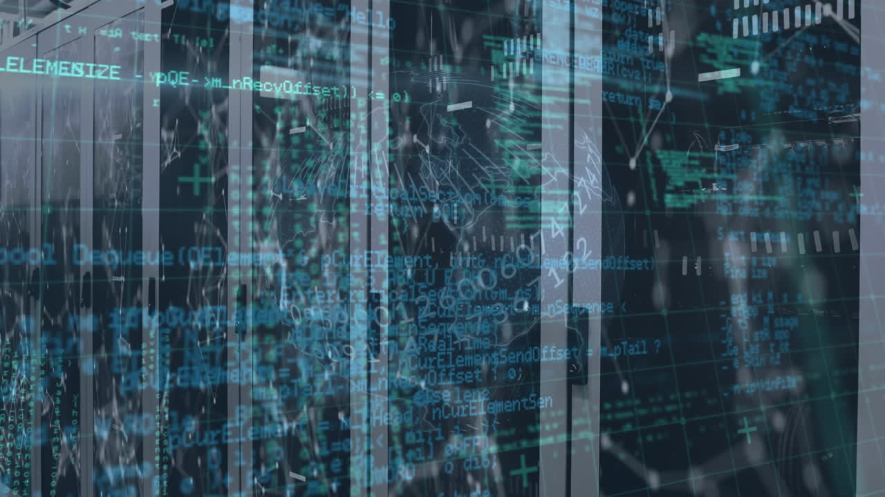 Animation of network of connections and data processing over server room