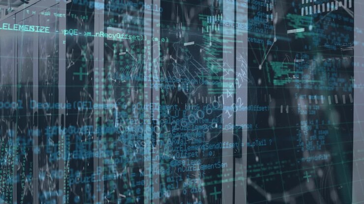 Animation af et netværk af forbindelser og databehandling over et serverrum.