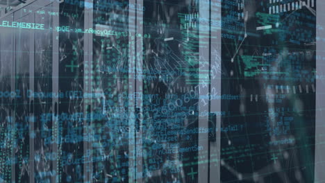 animation of network of connections and data processing over server room