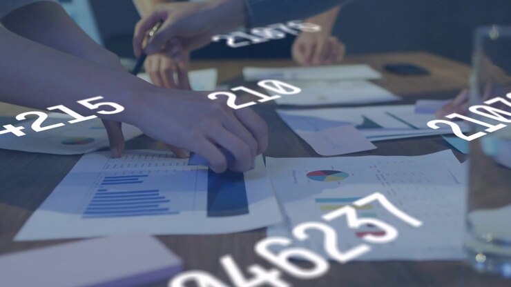 Team reaching in sorting data charts aligning docs while numeric digits scrolling pages analyzing