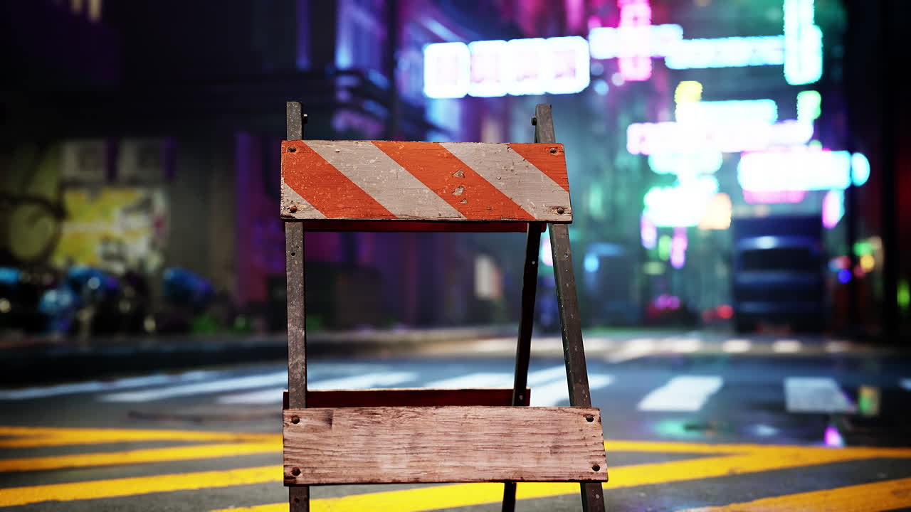 una barricada en una calle de la ciudad iluminada por neón por la noche