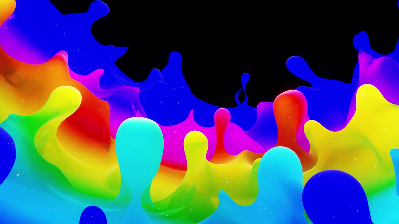 Suave animación abstracta de color arcoíris con gradiente líquido en 4K. Superficie de pintura mate brillante como fondo festivo abstracto en bucle. Brillos en líquido viscoso con salpicaduras 3D en la superficie como gotas