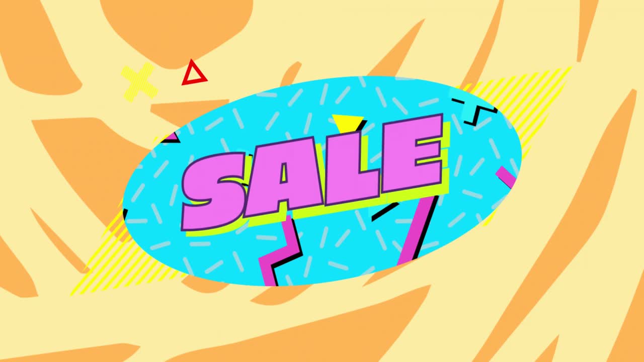 gráfico de venta en oval turquesa sobre fondo con patrones amarillos y marrones