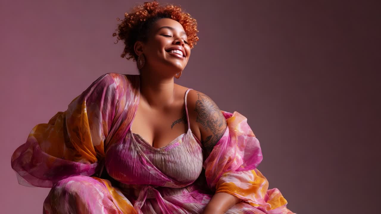 Radiant Joy: A Vibrant Portrait of Confidence and Elegance Captured in Delightful Pink-Hued Fabric, Showcasing the Beauty of Self-Acceptance and Personal Expression