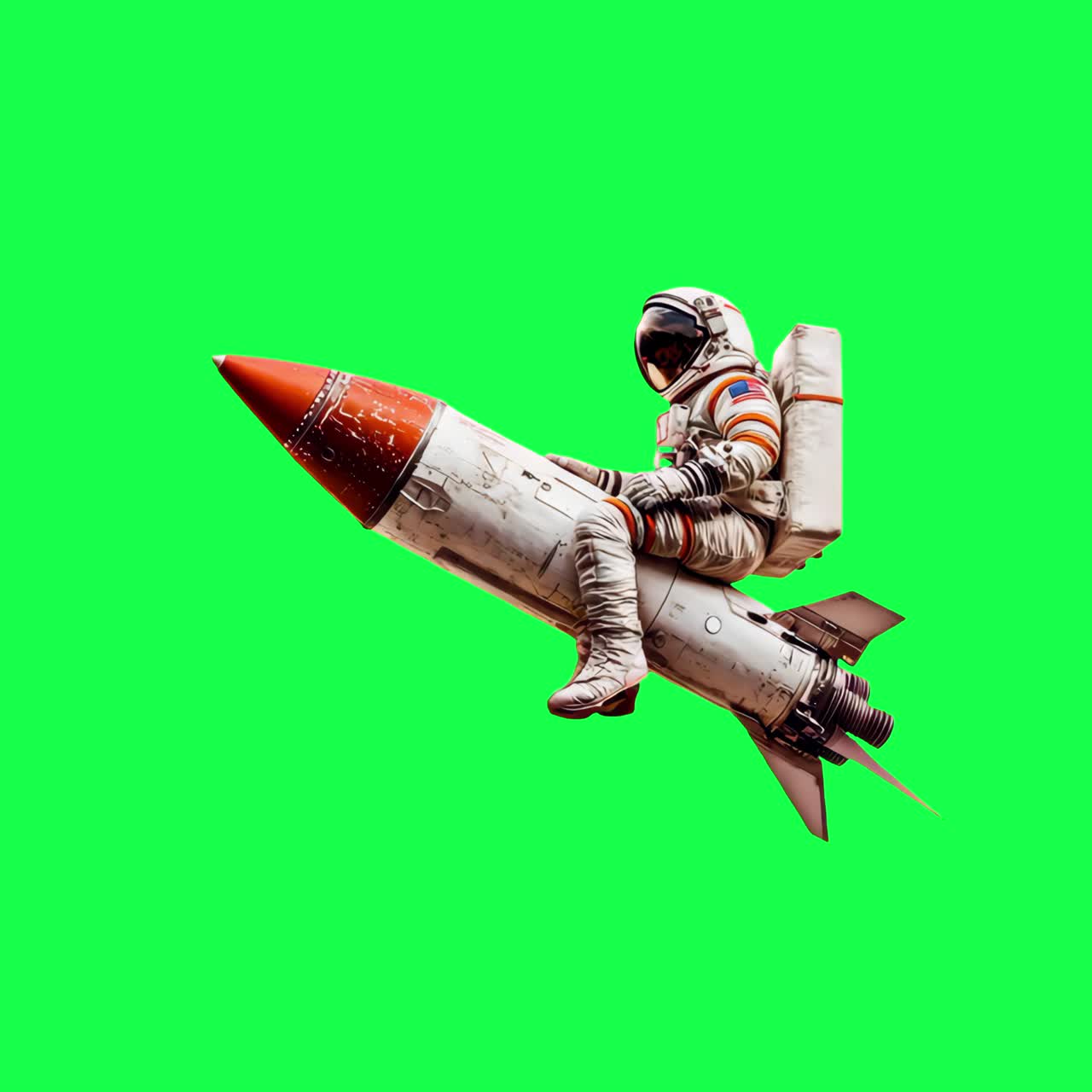 Astronaut riding rocket adventure animation, transparent 4K video, green screen