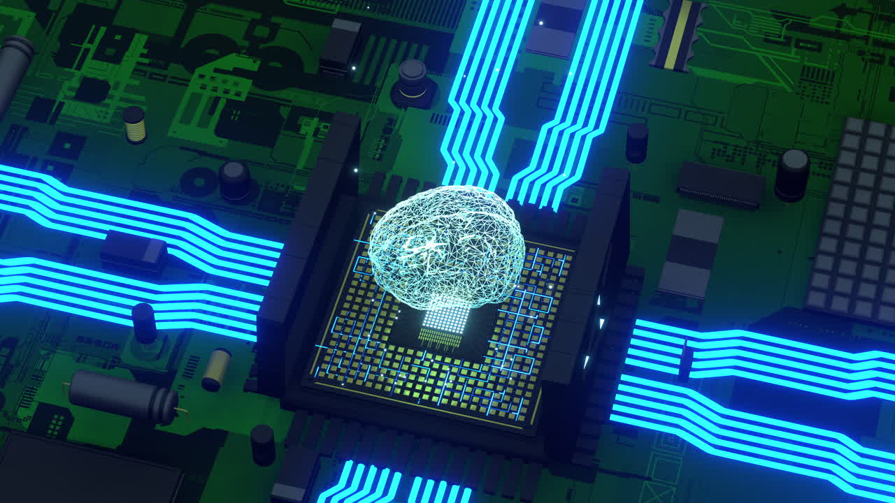CPU motherboard with artificial intelligence and brain illustration
