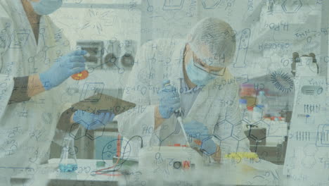 animación de compuestos de fórmulas químicas sobre científicos que trabajan en el laboratorio