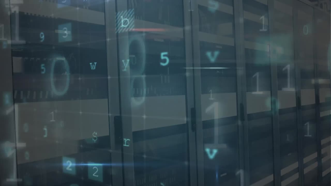 animación de una red de iconos y conexiones, procesamiento de datos e información digital en un servidor
