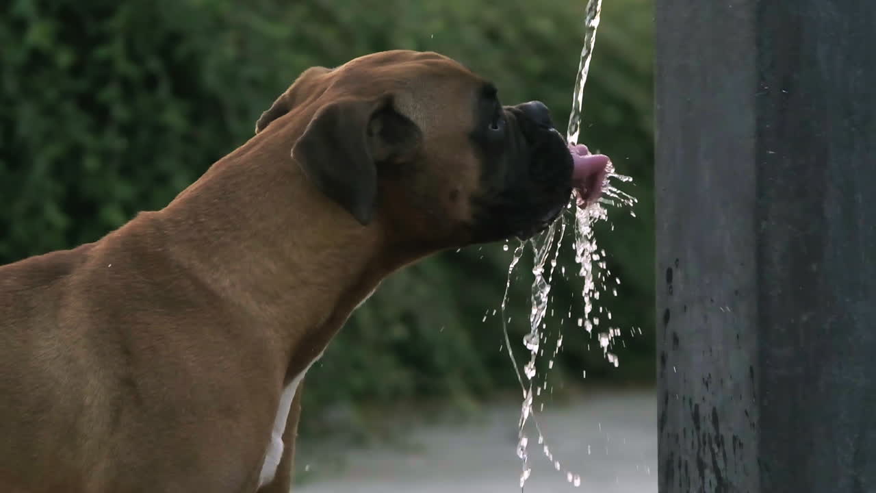 Dog drinking water from park water fountain stream -slowmotion