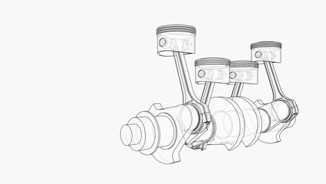 animación del cigüeñal y cuatro pistones. marco de alambre o estilo de plano