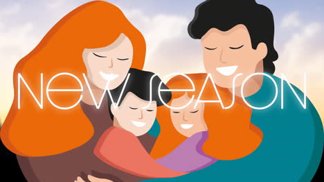 hugging family with new season text animation over animated characters