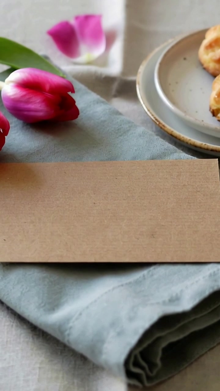 Video verticale: Telecamera che si sposta e inquadra nuovamente un biglietto di carta kraft su un tovagliolo blu a casa, rivelando tulipani e sbuffi.
